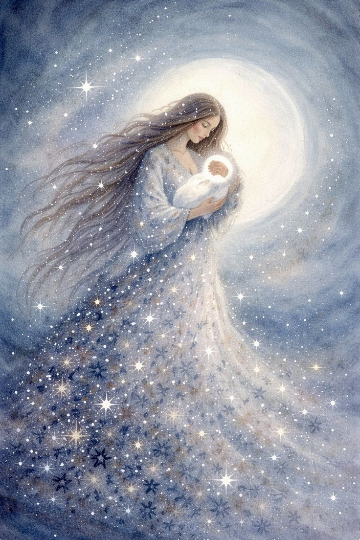 A celestial mother cradling a child among stars